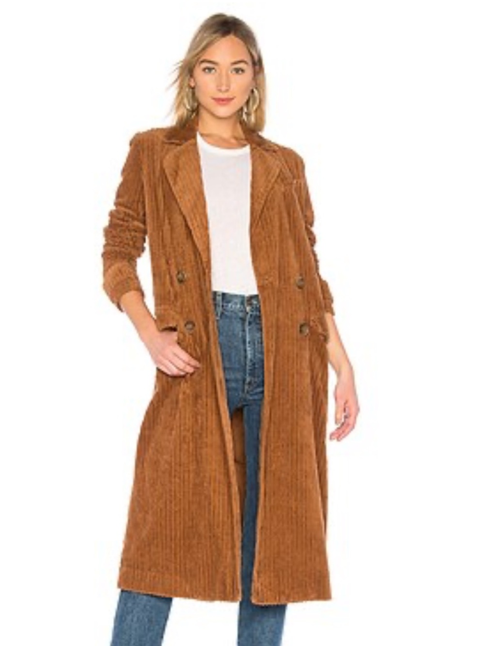 Free People Abbey Road Brown Wide Corduroy Lined Pockets Button Long Duster Coat